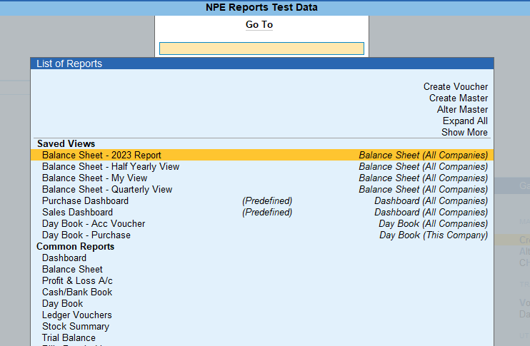 List of views saved at both application and company levels being displayed in the GoTo table. 